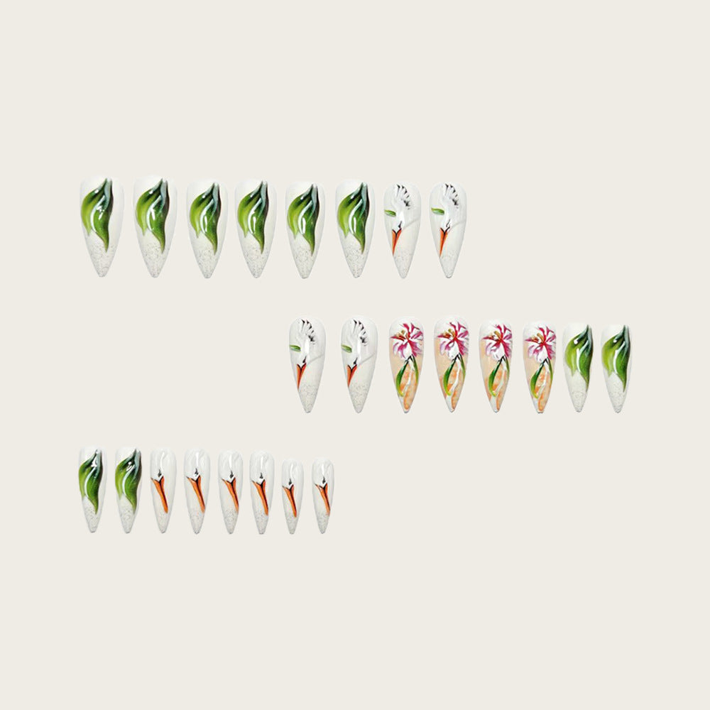 Artificial Nail Set with Floral Stork Design Bowlift
