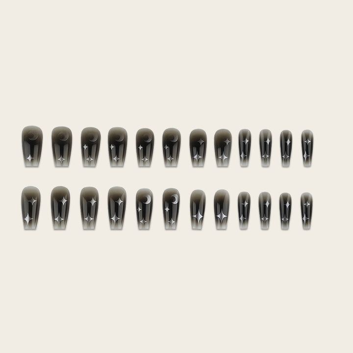 Artificial Nails in Elegant Moon Design with Shimmering Stars Bowlift
