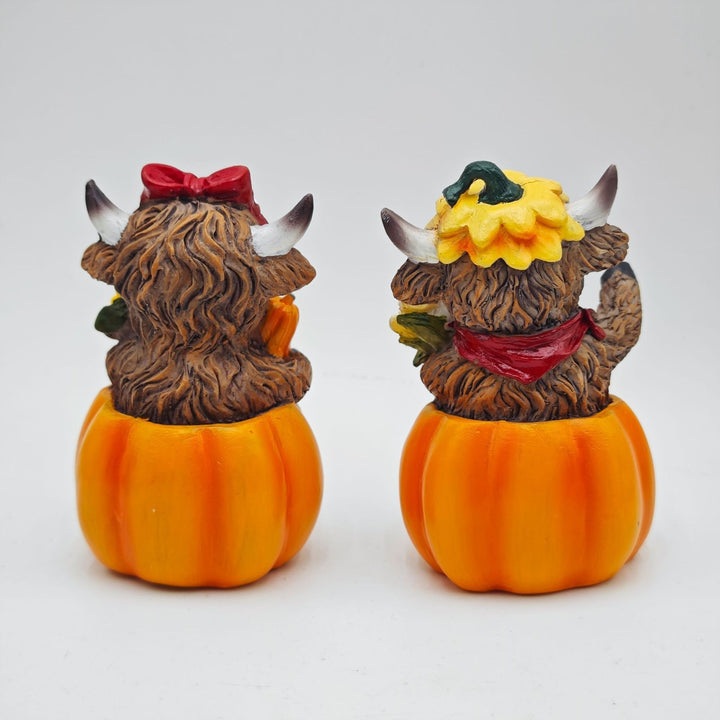 Funny decorative figure of a Highland cow in pumpkin costume Bowlift