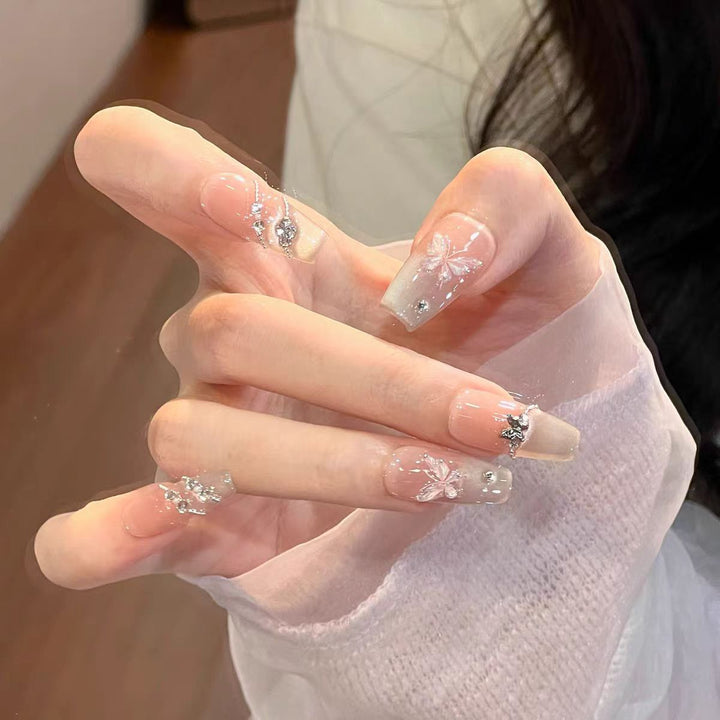 Decorative Press-On Nail Set with Elegant Butterfly Design Bowlift