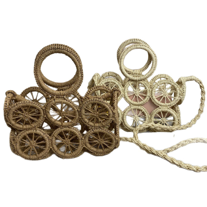 Artisan woven basket bag with striking wheel pattern Bowlift