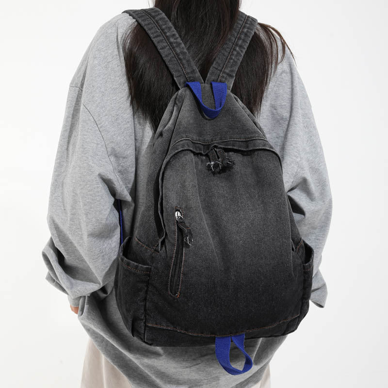 Casual Denim Wash School Backpack Bowlift