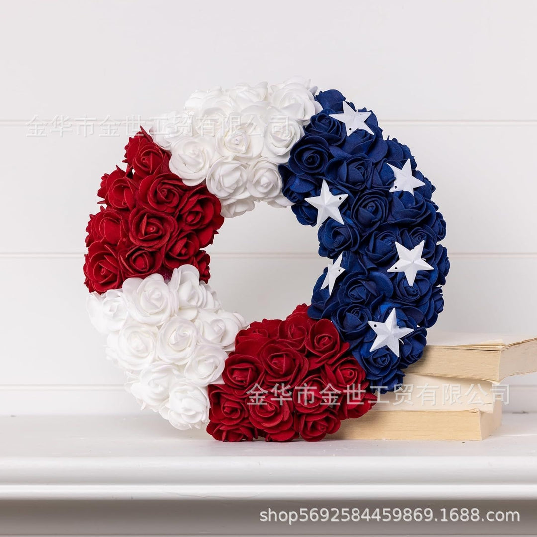 Independence Day rustic round wooden patriotic cross wall plaque with floral accents and God Bless America banner Bowlift