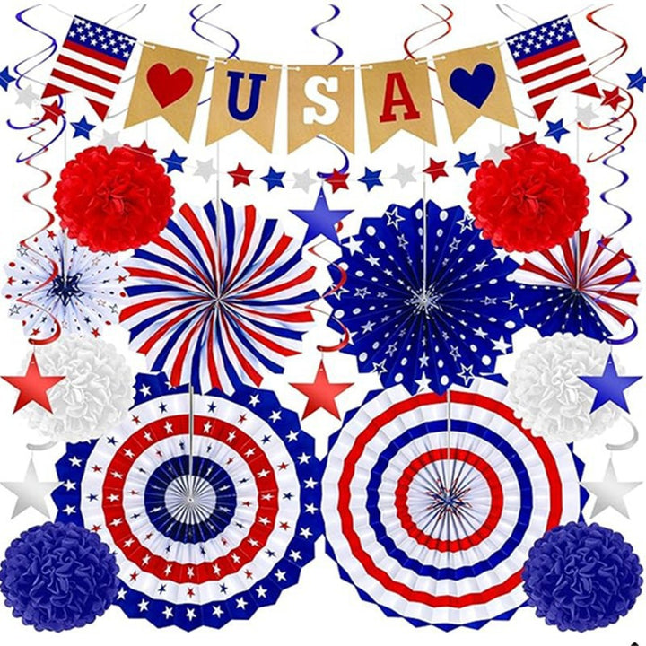 Unisex multi-piece party decoration set with paper fans pom poms bunting garland Bowlift