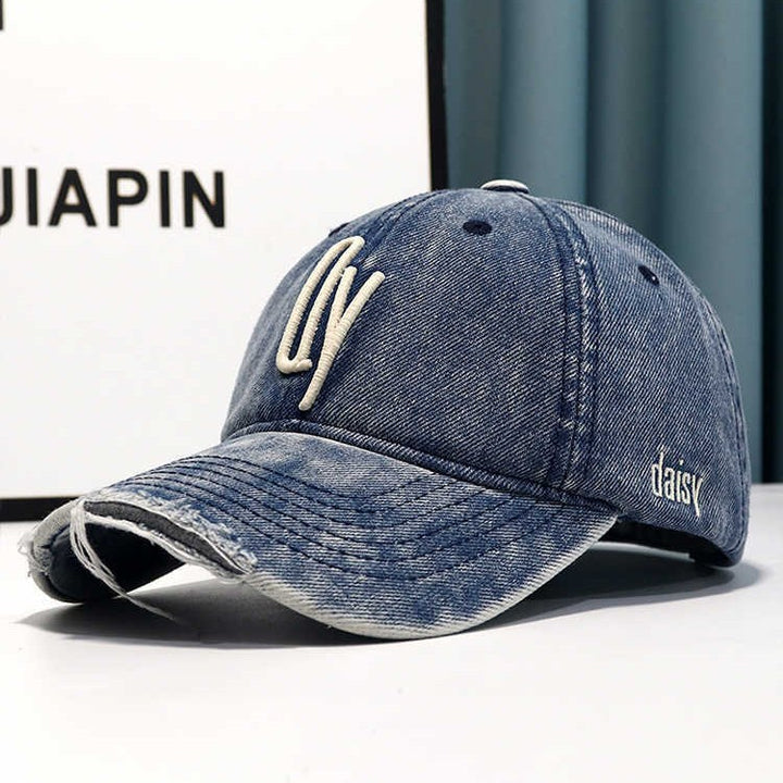 Women's Distressed Denim Embroidered Baseball Cap Bowlift
