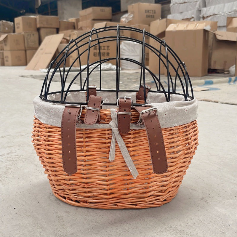wicker bicycle pet carrier with removable washable liner and reinforced lockable metal dome Bowlift
