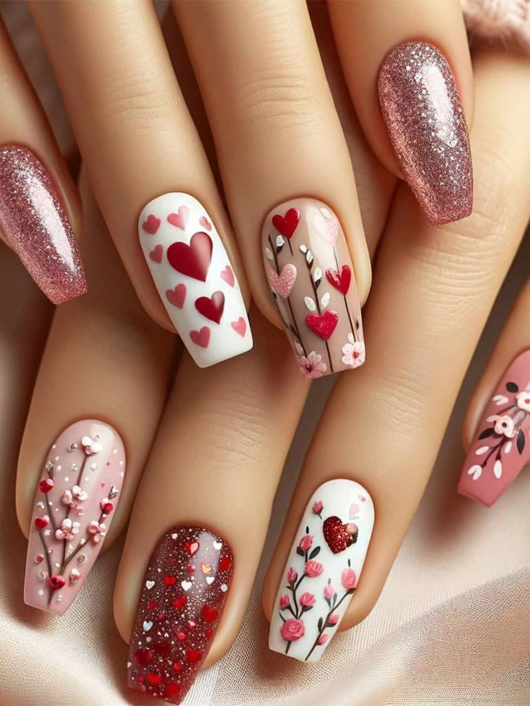 Heart-Themed Decorative Press-On Nail Art Bowlift