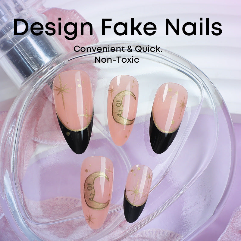 Nail extension set with elegant black-pink design and shiny accents Bowlift