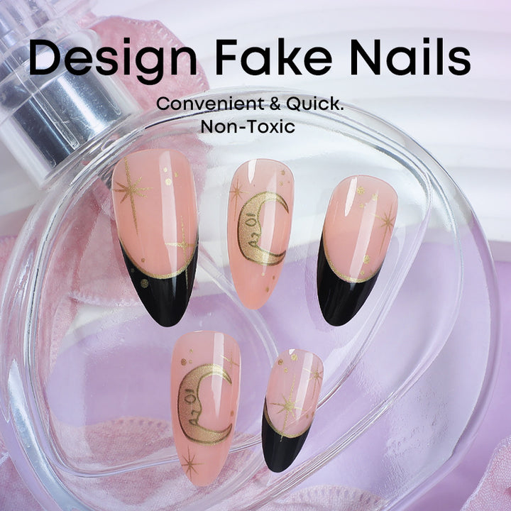 Nail extension set with elegant black-pink design and shiny accents Bowlift