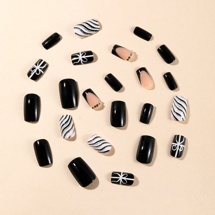 Elegant Black and White Artistic Nail Art Extensions Bowlift