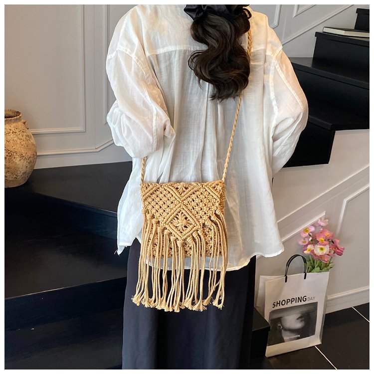 Macrame shoulder bag with fringed accents Bowlift