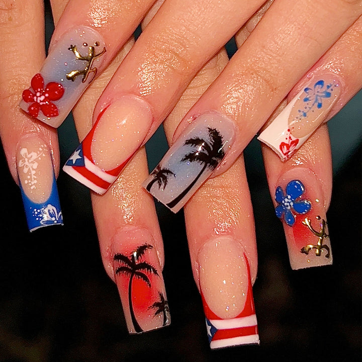 Artistic acrylic nails with floral and tropical design Bowlift