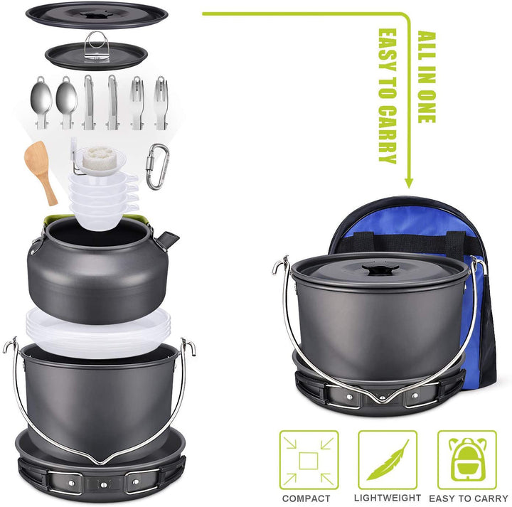 ultralight anodized aluminum camping cookware set with folding-handle kettle nesting pot and compact utensil kit Bowlift