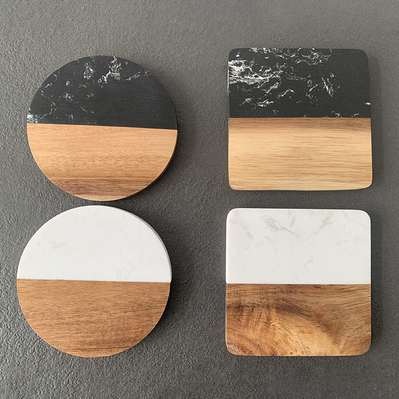 Marble pattern and acacia wood serving coaster board with rounded corners Bowlift