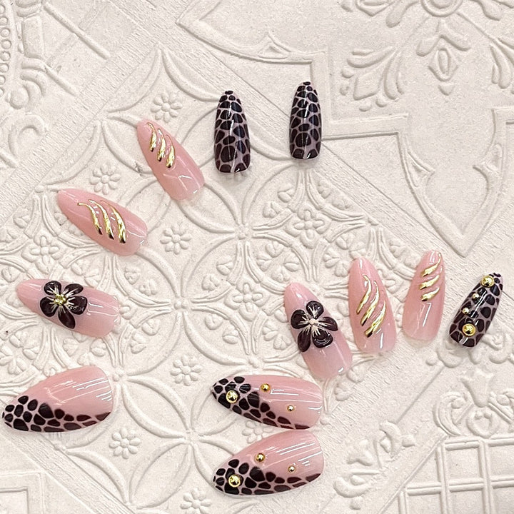 Artistic Press-On Nail Set with Floral and Leopard Accent Bowlift