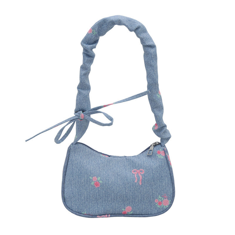 Embroidered Denim Shoulder Bag Bowlift