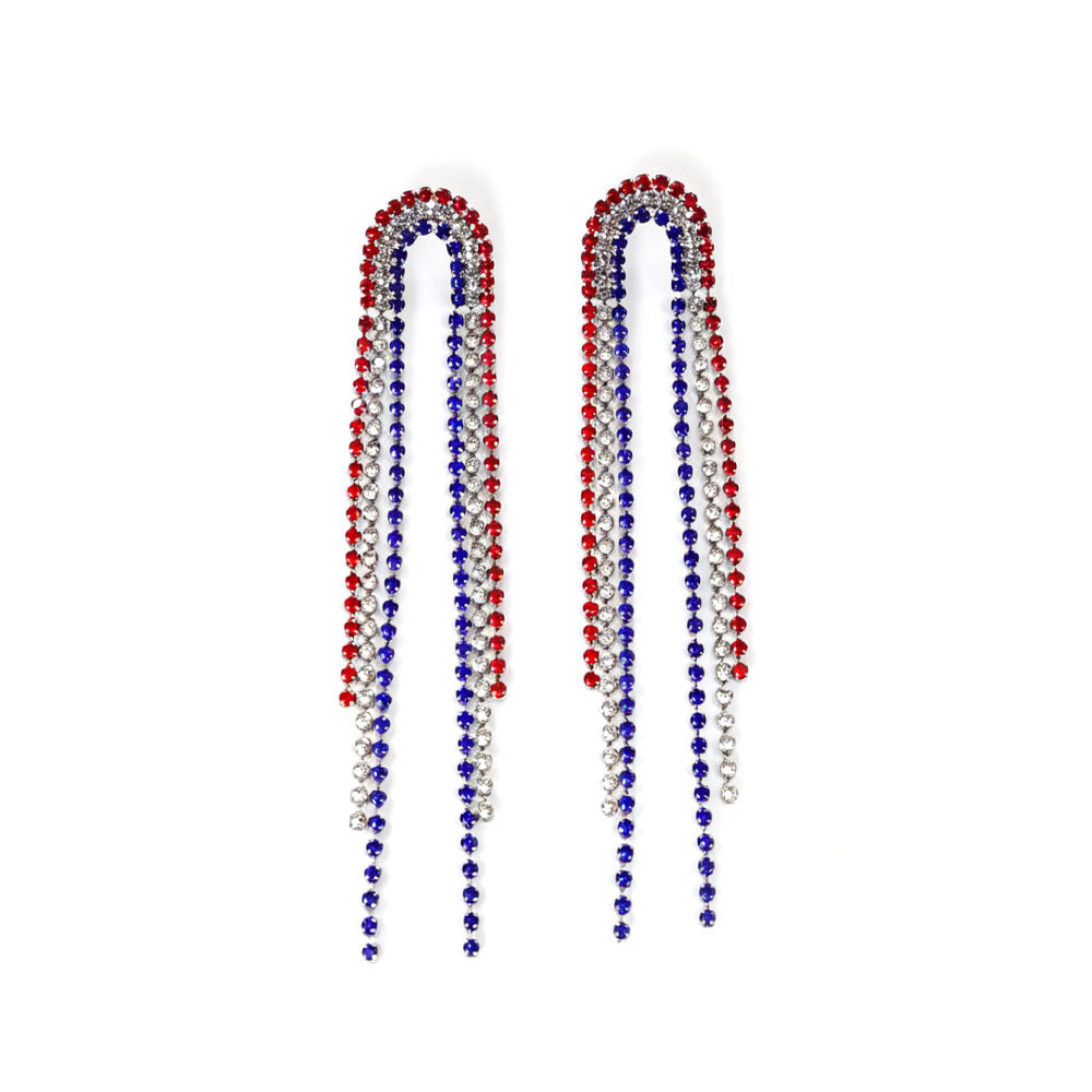 Ladies long sparkling crystal tassel earrings with geometric stud closure Bowlift