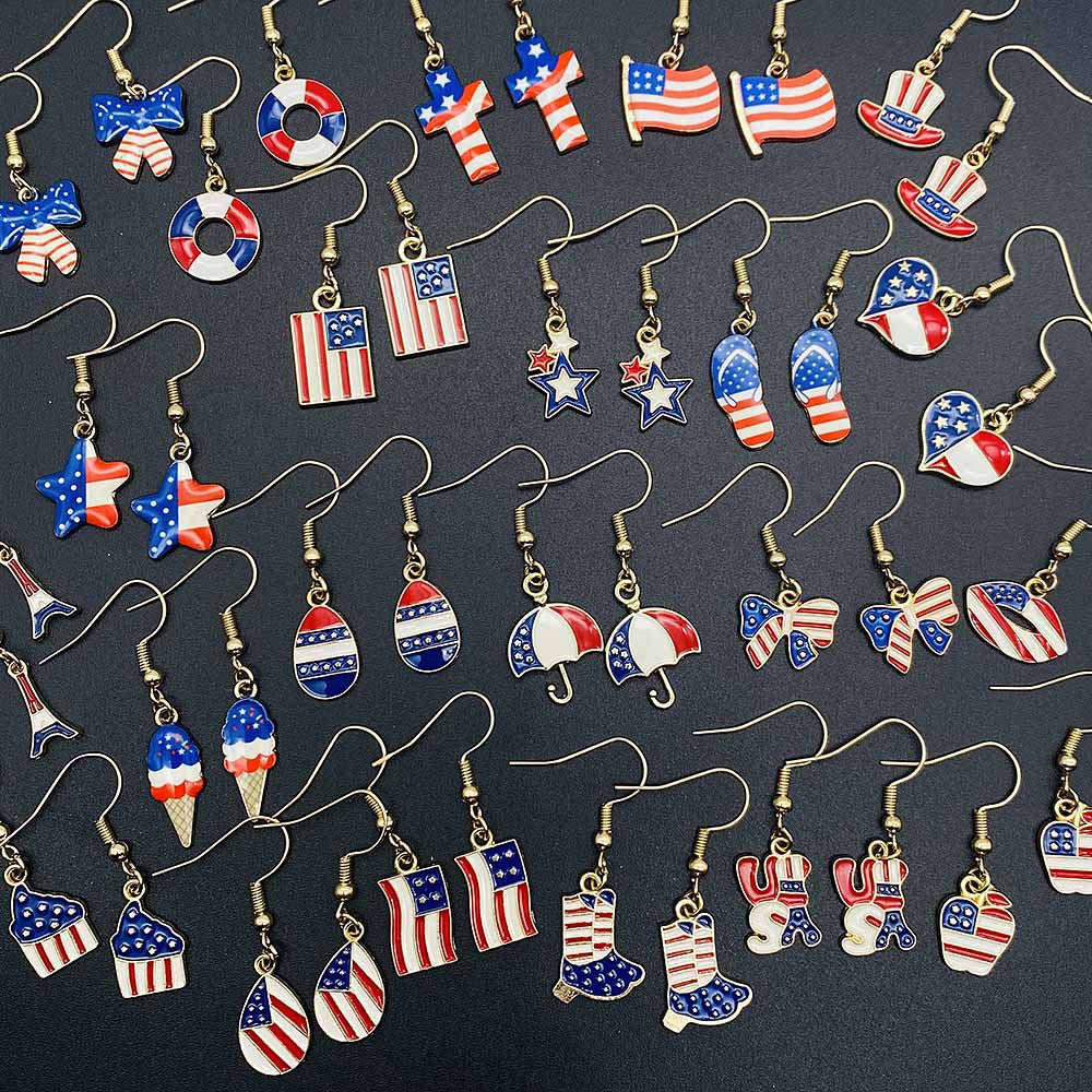 Women's Independence Day patriotic enamel flag dangle earrings with hypoallergenic fishhook wires Bowlift