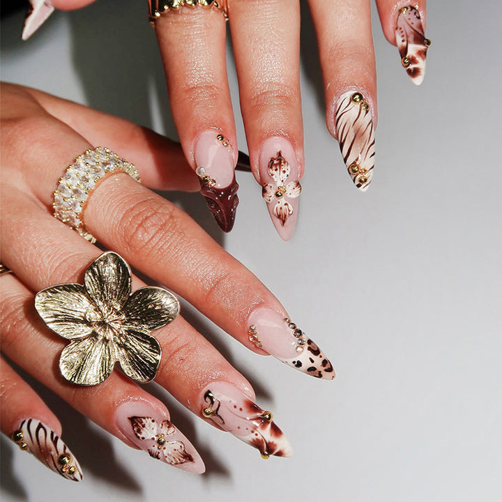 Artistic Press-On Nail Set with Floral and Animal Print Designs Bowlift