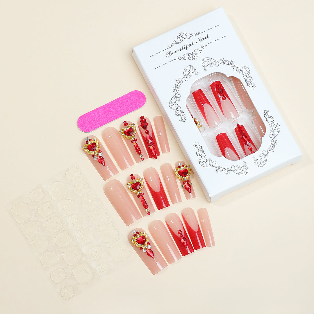 Decorative Nail Art Press-On Kit with Heart and Gem Embellishments Bowlift
