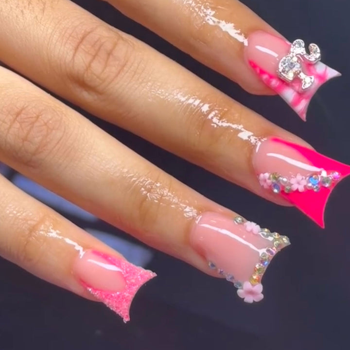 Artistic Press-On Nail Extensions with Rhinestone Accents Bowlift