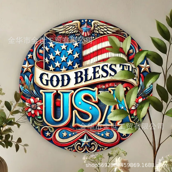 Independence Day rustic round wooden patriotic cross wall plaque with floral accents and God Bless America banner Bowlift