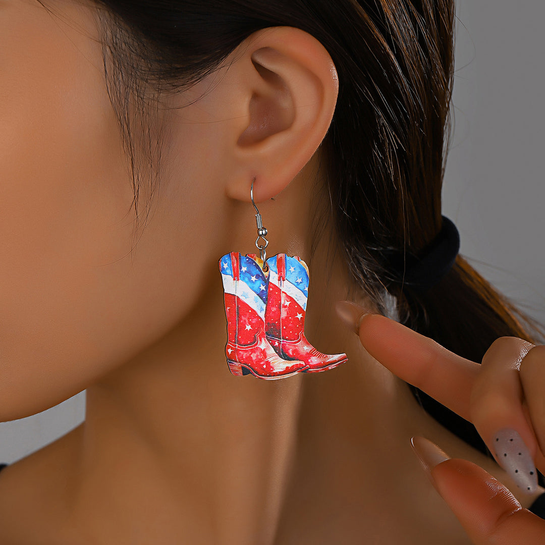 Ladies nan cowboy boots earrings with flag pattern made of lightweight wood Bowlift