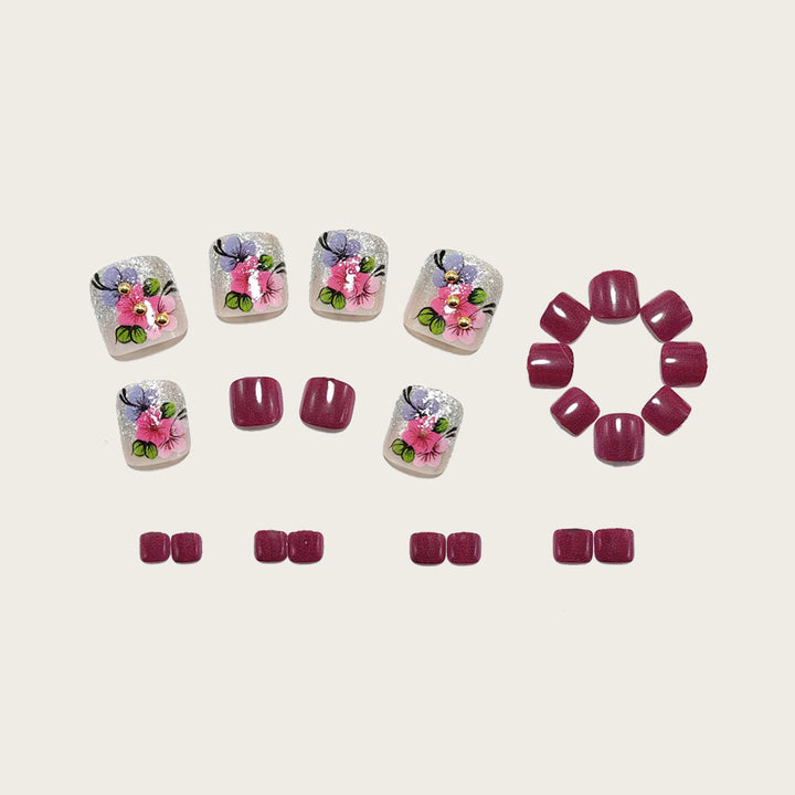 Artificial nails with floral designs and glitter effects Bowlift