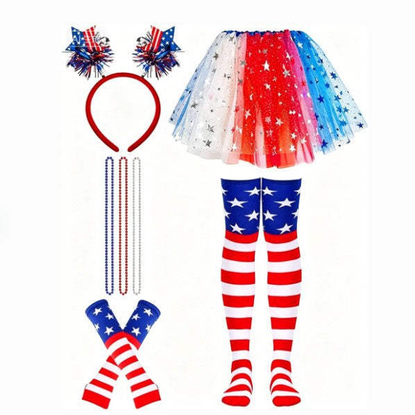 Women's nan patriotic tulle layered mini skirt headband arm sleeves and thigh high socks set Bowlift