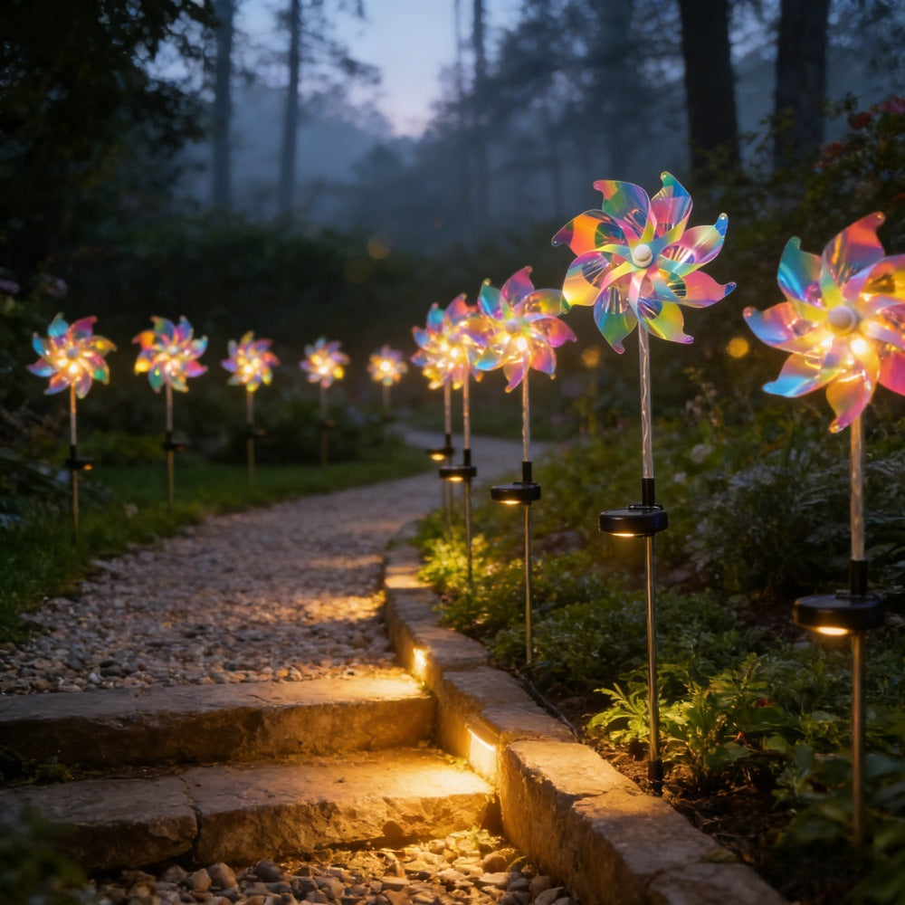 LED Solar-Powered Spinning Pinwheel Pathway Stake Lights Bowlift