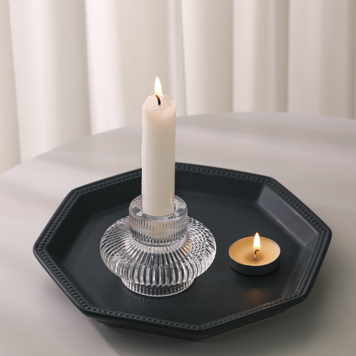 Ribbed Textured Glass Tealight Candle Holder with Flared Collar Bowlift