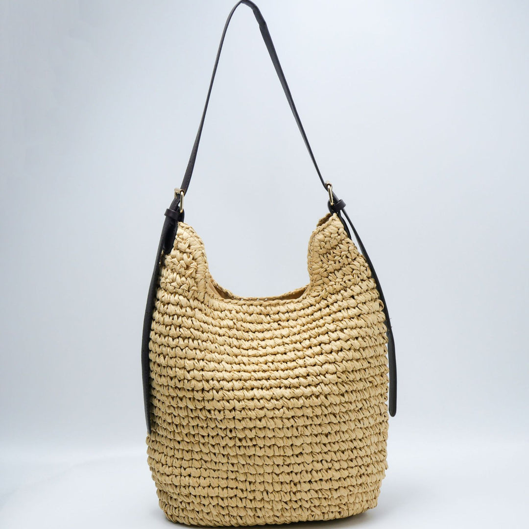 Braided Shoulder Bag Made of Natural Material with Elegant Leather Accents Bowlift