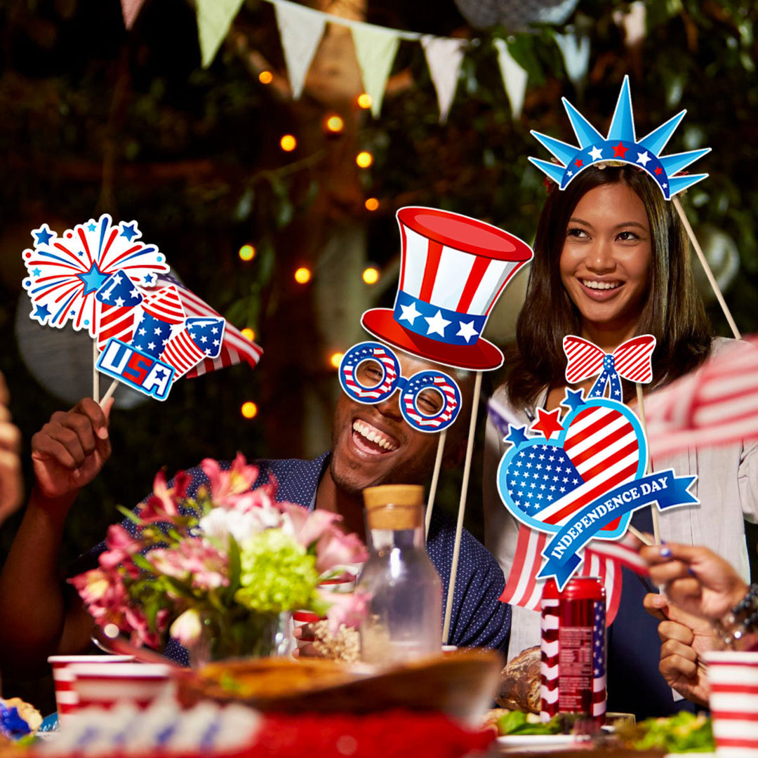 Independence Day Patriotic Photobooth Prop Sticker Kit with Wooden Sticks and Removable Adhesive Dots Bowlift