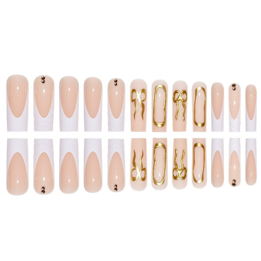 Artistic 3D Press-On Nail Set with Decorative Gold Accents Bowlift