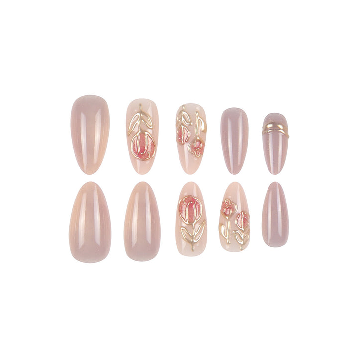 Elegant Stiletto Press-On Nail Set with Artistic Floral Design Bowlift