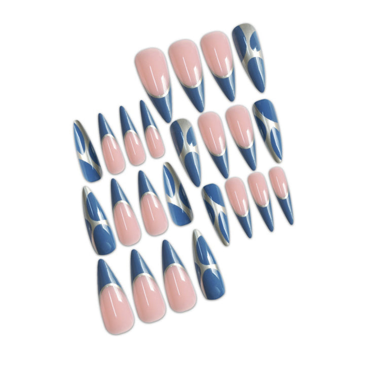 Artistic Stiletto Press-On Nail Design with Metallic Trim Bowlift