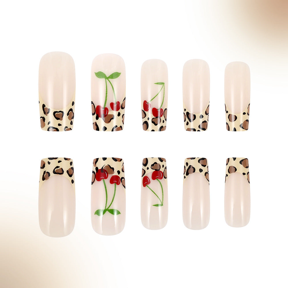 Artistic Leopard Print and Cherry Floral Press-On Nails Bowlift