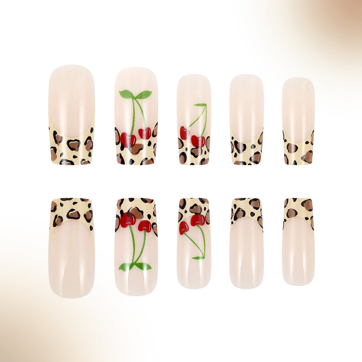 Artistic Leopard Print and Cherry Floral Press-On Nails Bowlift