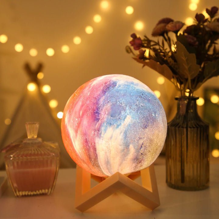 Textured Moon Table Lamp with Wooden Geometric Stand Bowlift