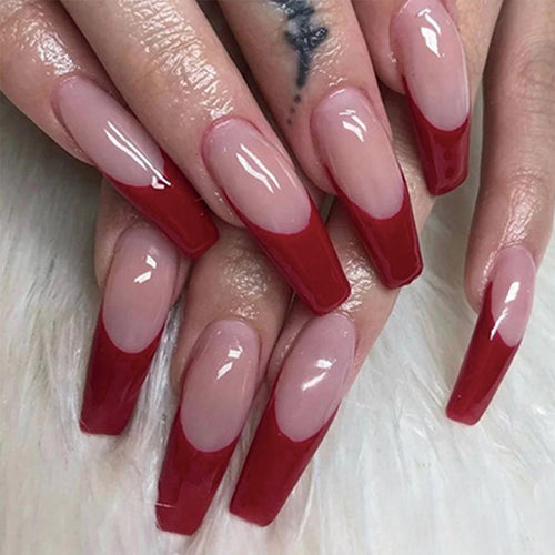 Elegant artificial nails with high-gloss finish and prominent French tip Bowlift