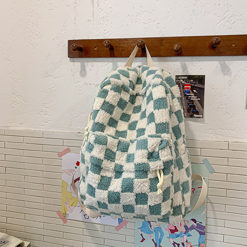Soft Plush Checked Patterned Backpack