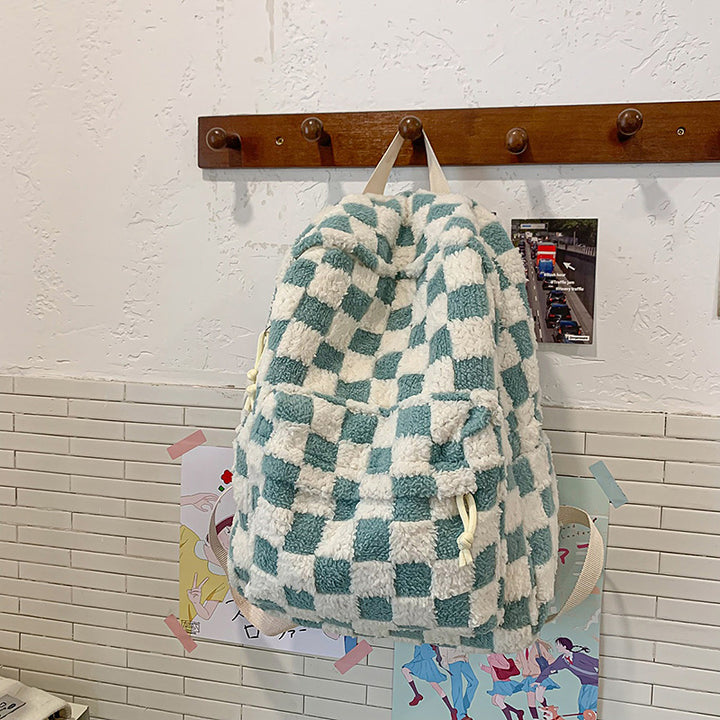 Soft Plush Checked Patterned Backpack