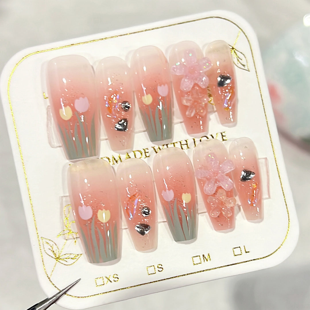 Artistic acrylic nails with floral design Bowlift