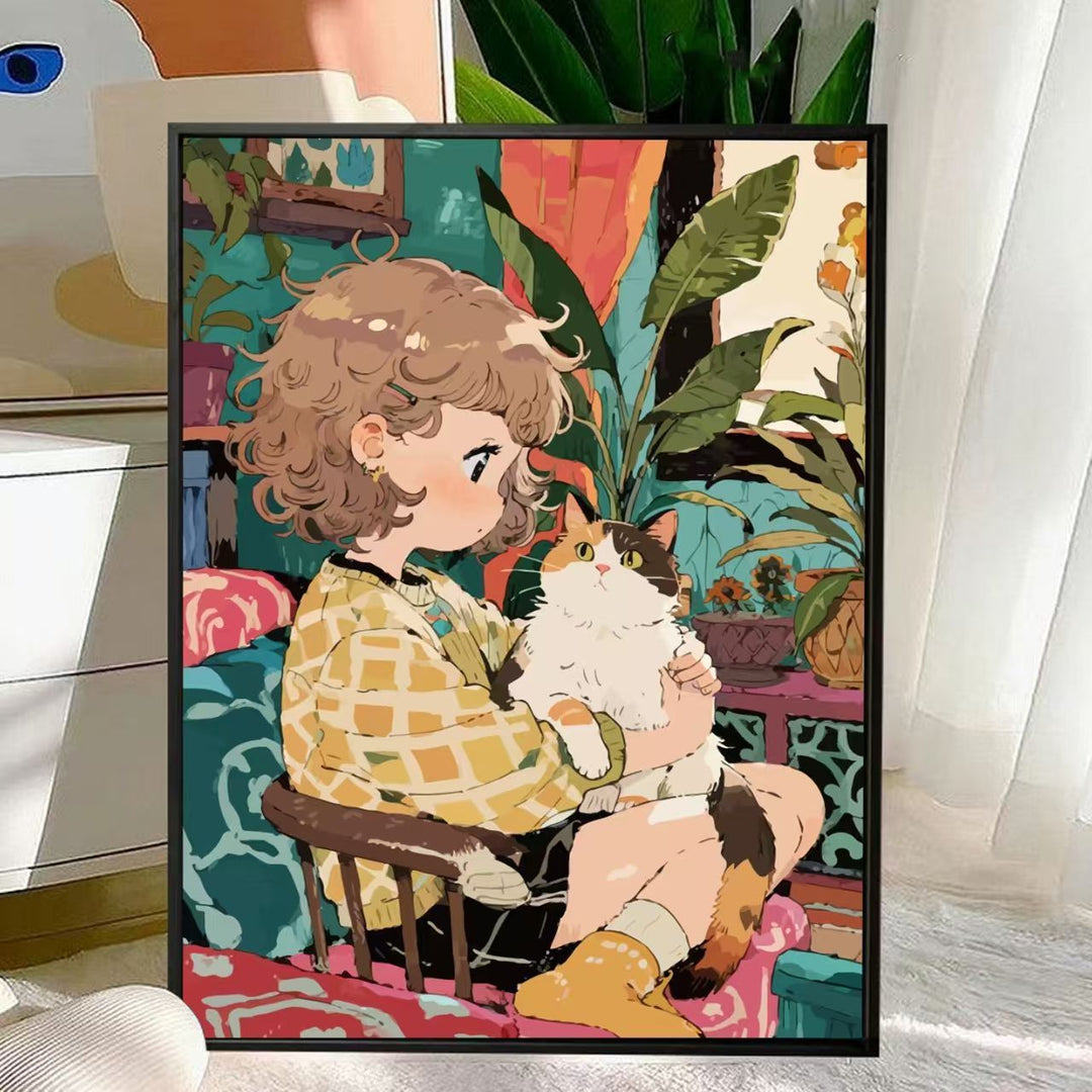 Cute Cat and Child Illustration Wall Art Bowlift