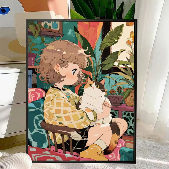 Cute Cat and Child Illustration Wall Art Bowlift
