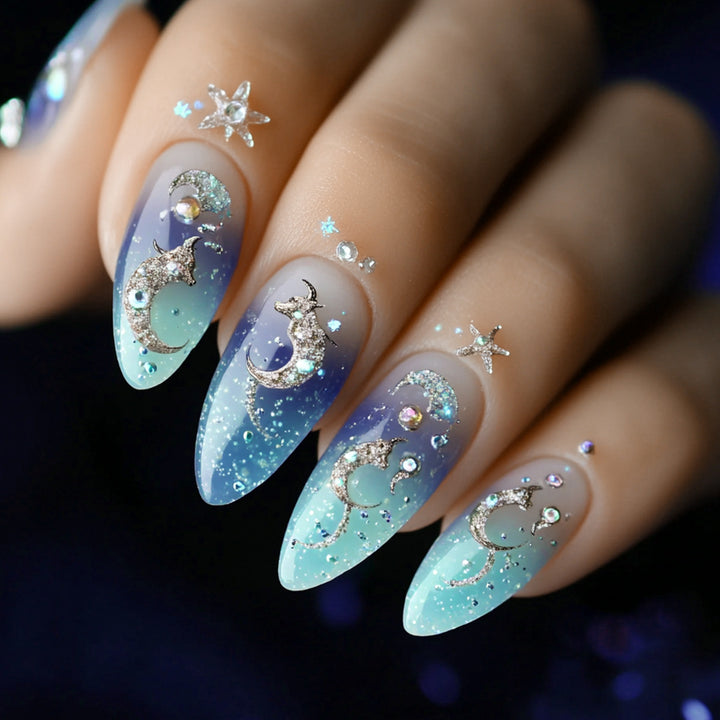 Artistic stiletto nails with glitter and marine motifs Bowlift