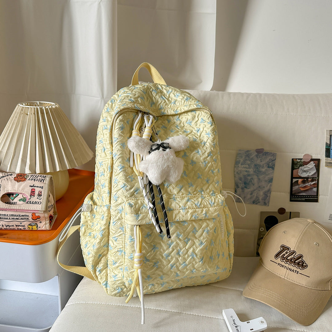 Textured Fabric Backpack with Cute Charms