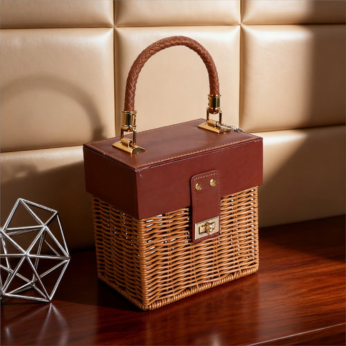 Women Stylish Basket with Elegant Leather Lid and Woven Design Bowlift