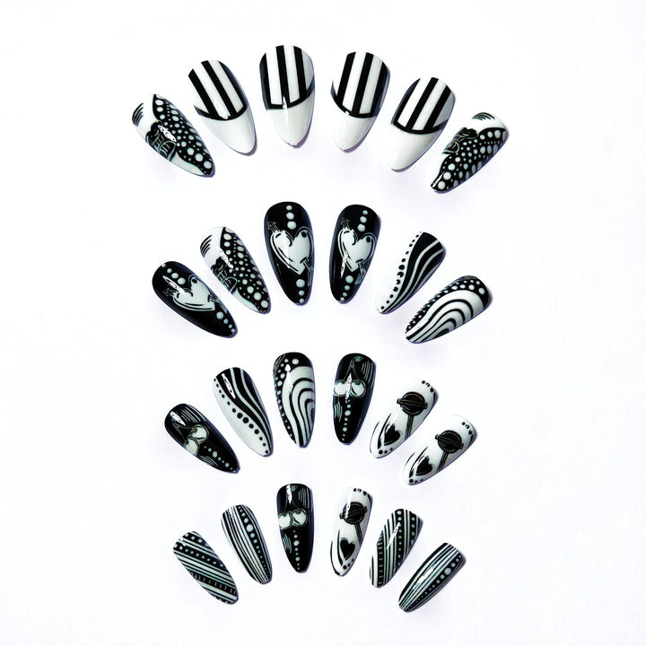 Creative Art Nails in Elegant Black-and-White Design Bowlift