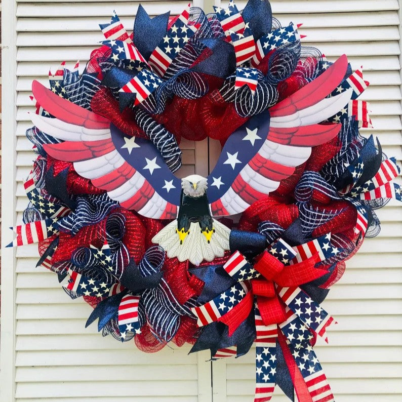 Unisex handmade decorative wreath made of polyester mesh with eagle centerpiece and Americana ribbons Bowlift